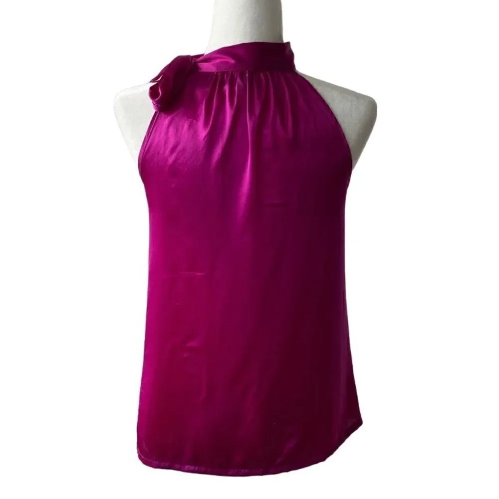 Kersh Hot Pink Halter Top Barbie Mock Turtleneck Side Bowtie SZ S